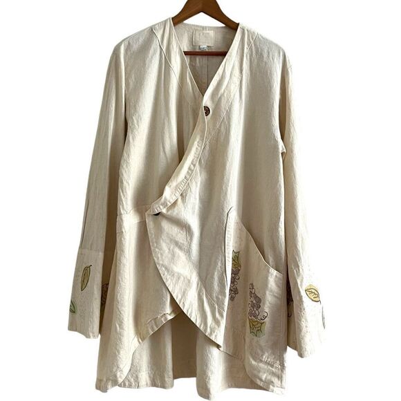 Blue Fish Hand Painted Jacket Size 1 XL Artsy Lagenlook Lagom Organic Cotton - Picture 1 of 16